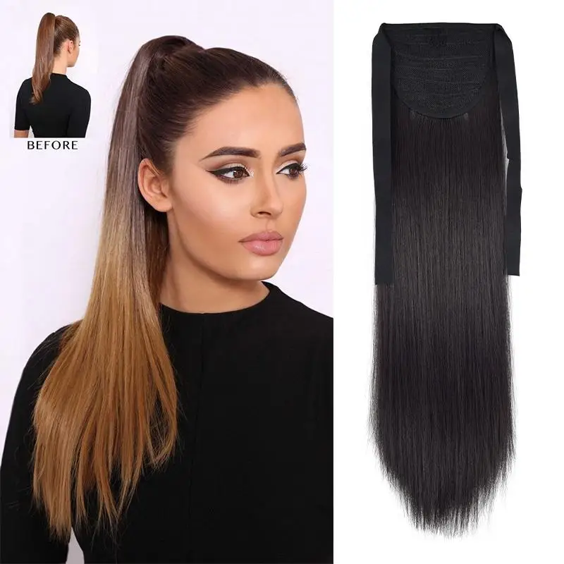 SHANGZI  Straight Wrap Around Clip In Ponytail Hairpieces long Hair Extension Heat Resistant Synthetic Fake Hair for women