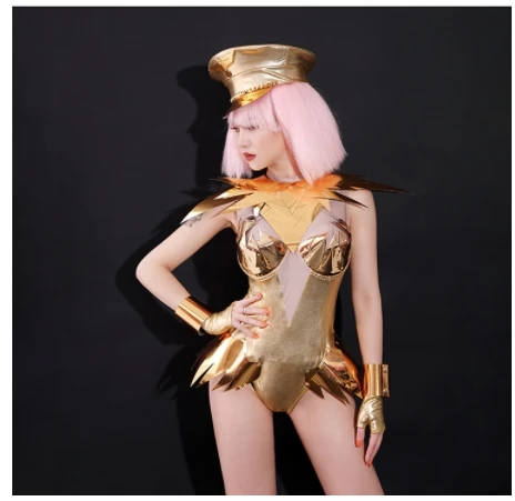 Gold Mirror Bodysuit Hat Outfit Women Show Fashion Stage Wear Bar Nightclub DJ Singer Lead Dancer Team Sexy Performance Costume