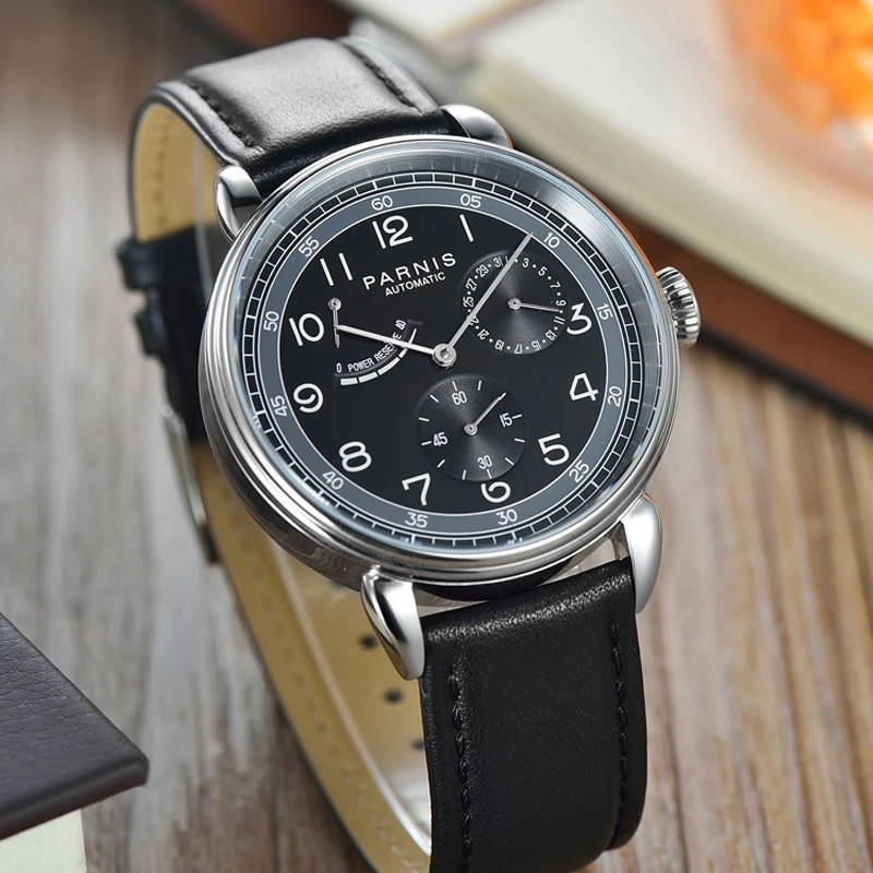 

Fashion Parnis 42mm Black Dial Automatic Mechanical Men's Watch Leather Strap Calendar Power Reserve Men Watches reloj hombre