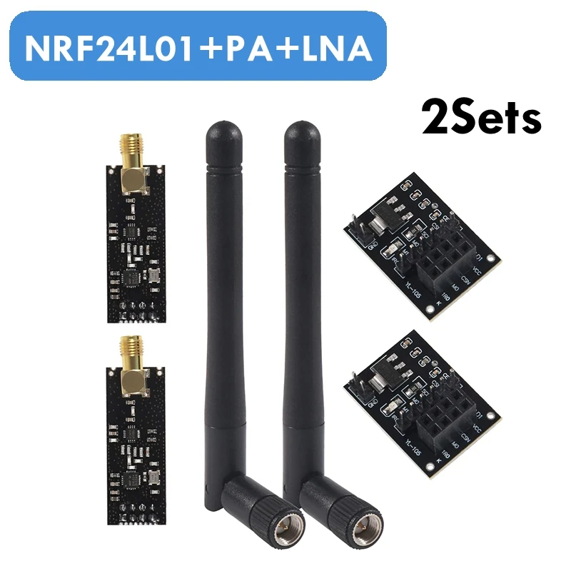 2Sets NRF24L01+PA+LNA RF Wireless Transceiver Module & SMA Antenna 2.4G 1100m with Breakout Adapter On-Board 3.3V Regulator