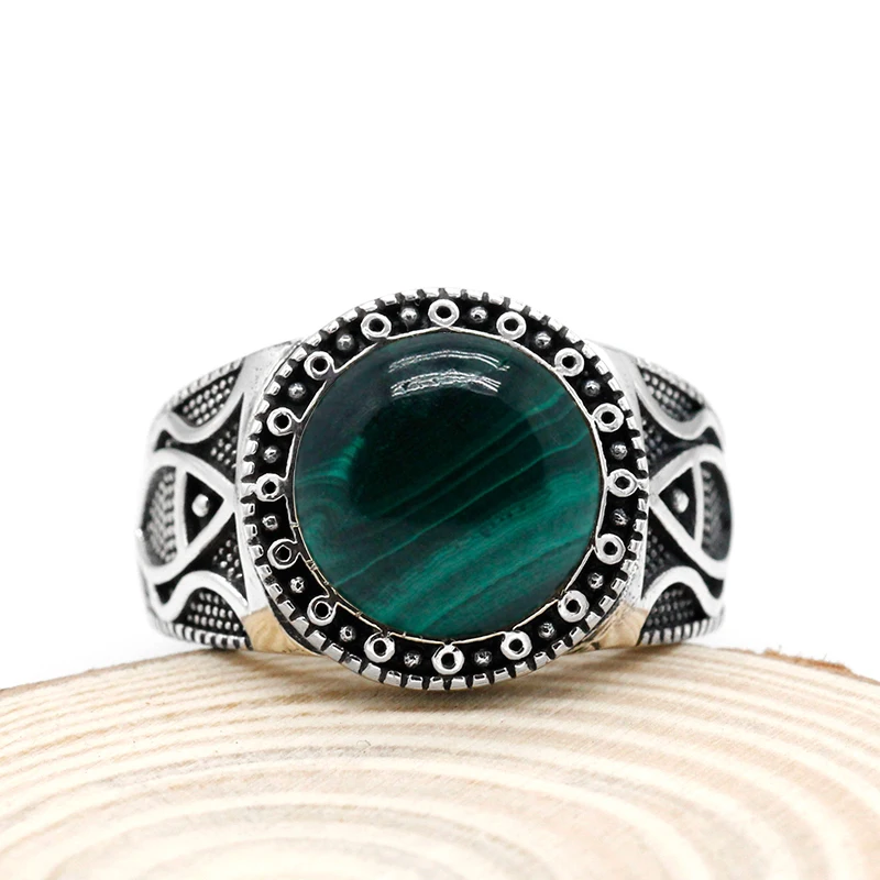 Natural stone pure 925 sterling silver antique Turkish ring, malachite men\'s agate color punk rock jewelry