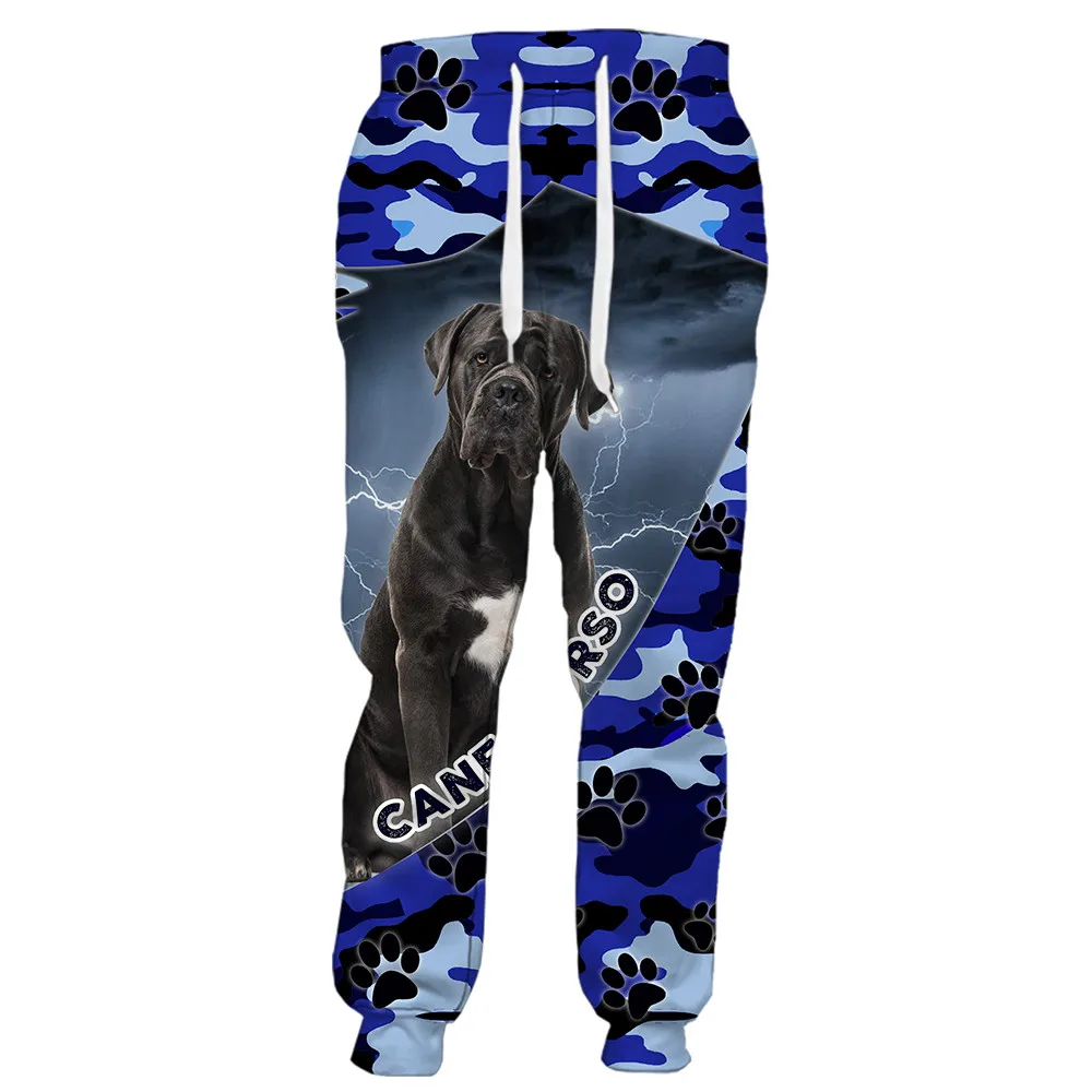 

HX Cane Corso Print Pants 3D Graphic Blue Camo Paw Stitching Sweatpants Elastic Sportswear Harajuku Streetwear