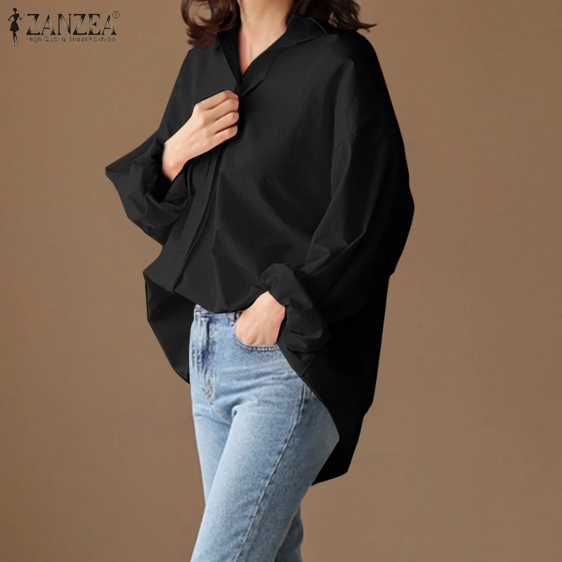 ZANZEA 2023 Elegant Spring Shirts Women\'s Irregular Top Casual Baggy Button Blusas Female Lapel Solid Tunic Chemise 7