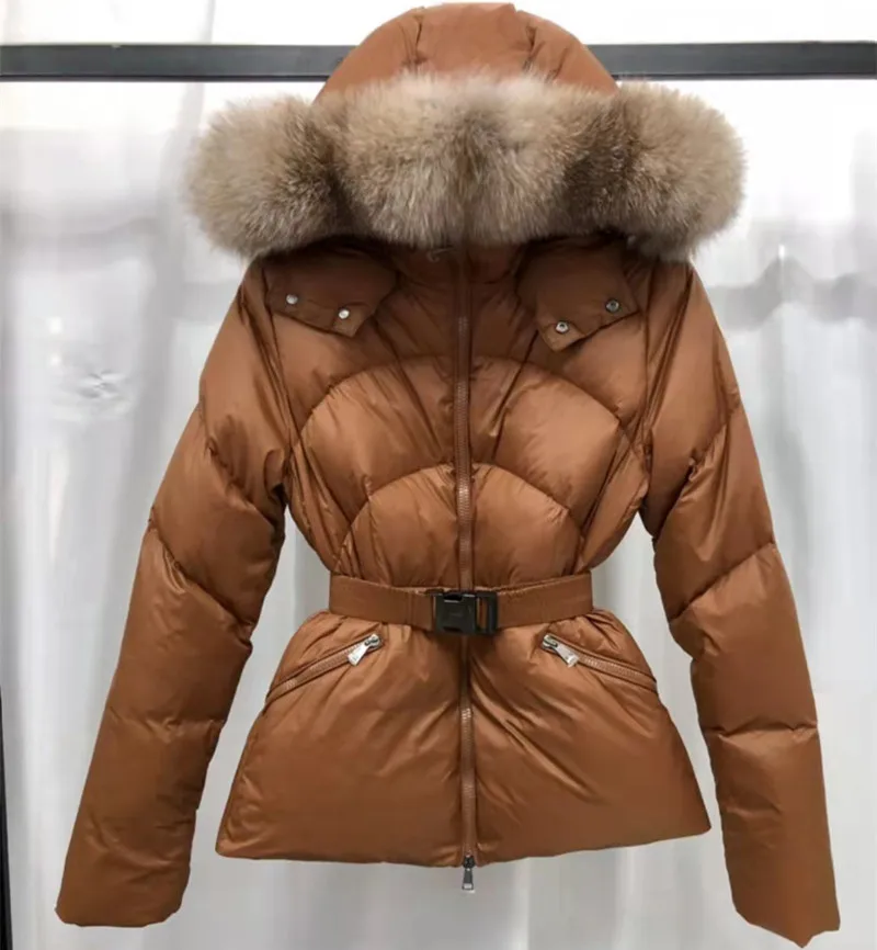 High Quality Women Fashion Hooded Down Jackets Large Fox Fur Collar Light Fluffy Winter Warm Down Coats with Belt Casual Clothes