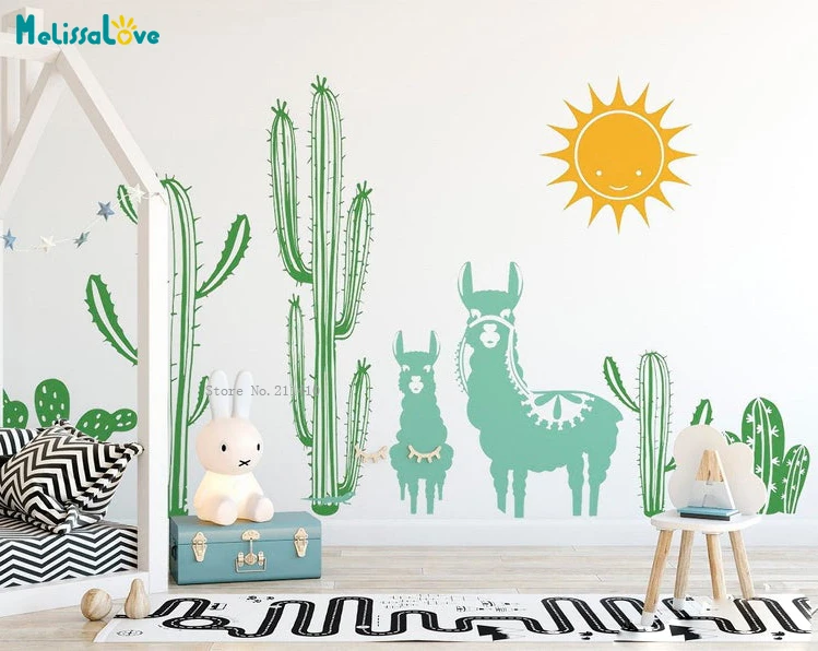 Llama and Cactus Wall Stickers Desert Nursery Decor for Kids Baby Colorful Decals Self-adhesive DIY Murals YT4757