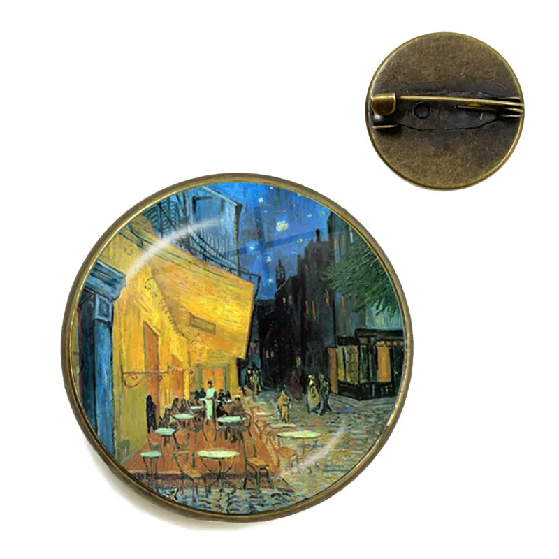 Retro Van Gogh Art gwiaździstej nocy słonecznik broszki 20mm szkło Cabochon Dome biżuteria tornister brązowy broszka przypinki dla kobiet mężczyzn