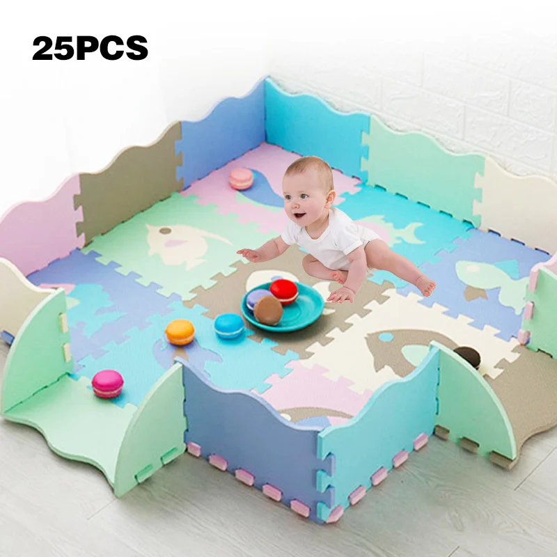 25Pcs Children's Mat EVA Foam Crawling Rug Soft Floor Mat Puzzle Baby Play Mat Indoor Floor Developing Playmat With Fence