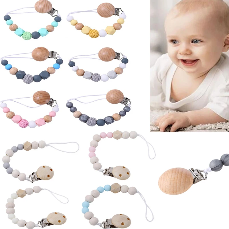 

Baby Pacifier Clip Silicone Beads Wooden Teething Chain Infant Nipple Clamp Dummy Holder Soother Newborns Chew Pendant Accessory