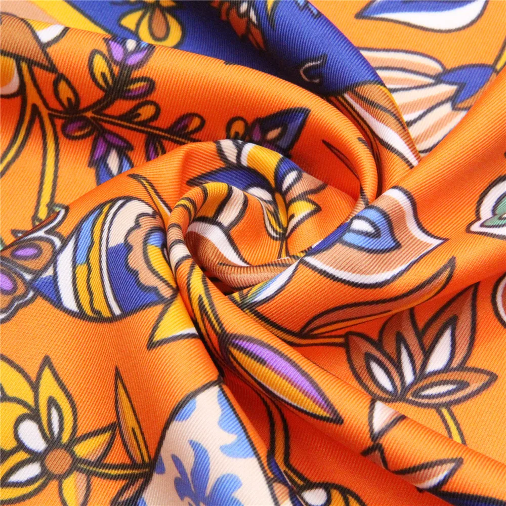 POBING Twill Silk Scarf Women Shawls Fan Leaves Print Stoles Bandana Kerchief Hijab Square Scarves Wraps Silk Foulards 130CM