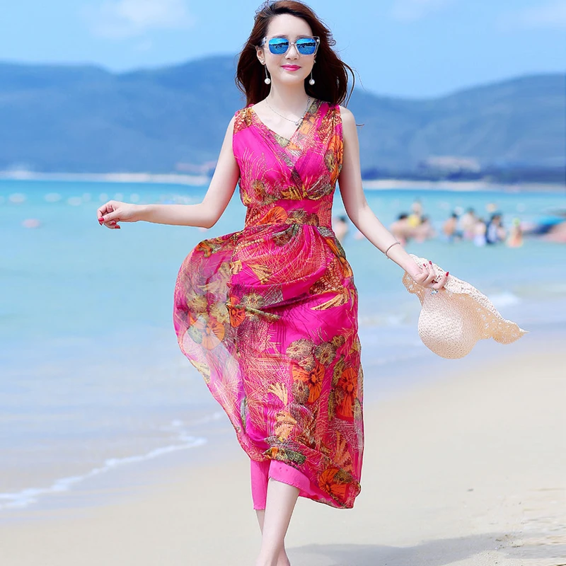 Vestido ชีฟอง Bohemian Beach De Festa Elegant ฤดูร้อนชุดผู้หญิงพิมพ์ดอกไม้เดรสสีแดงหญิง FYY612