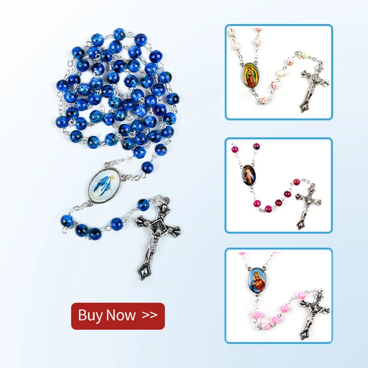 Catholic Rosary Small Size Round Blue Glass Beads Virgin Mary Jesus Necklace Women