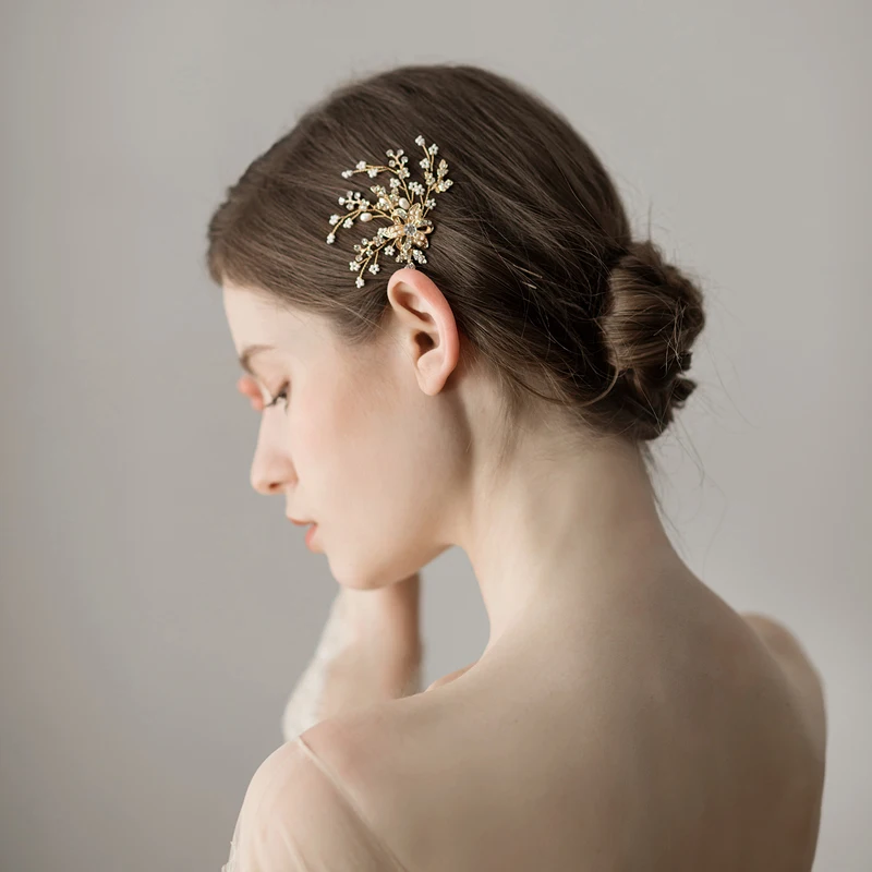 O382 Gold Floral Messing Legierung Süßwasser Perle Hochzeit Brauthaarspangen Haarnadeln Haar Zubehör Braut Kopf Stück