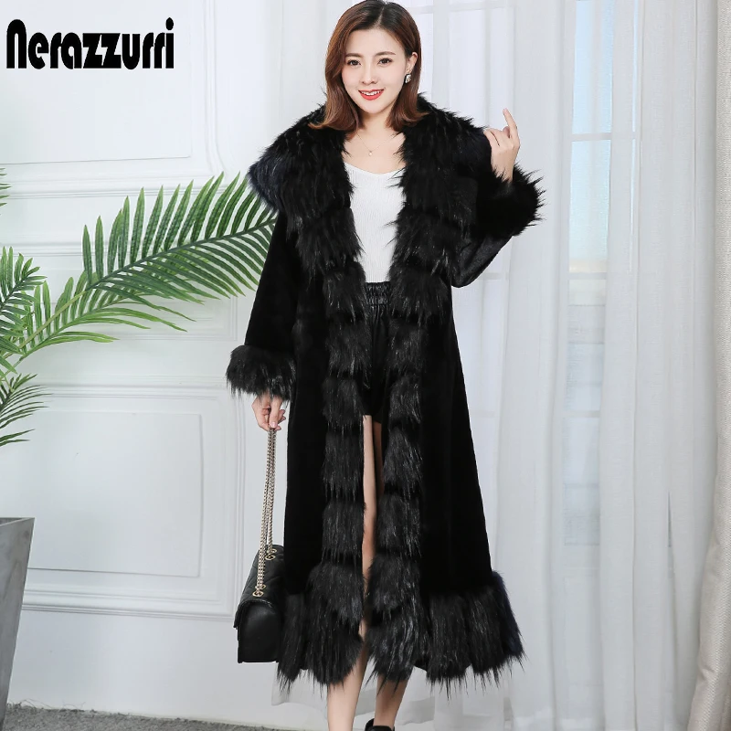 Nerazzurri Winter Long Warm Elegant Purple Fluffy Faux Fur Coats for Women Thick Black European Style Fashion with Fox Fur Trim