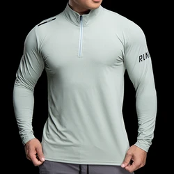 Running Long sleeve T Shirt Men Fitness Slim Fit Sports Quick dry T-Shirt elastic zipper fitness Gym Bodybuilding training