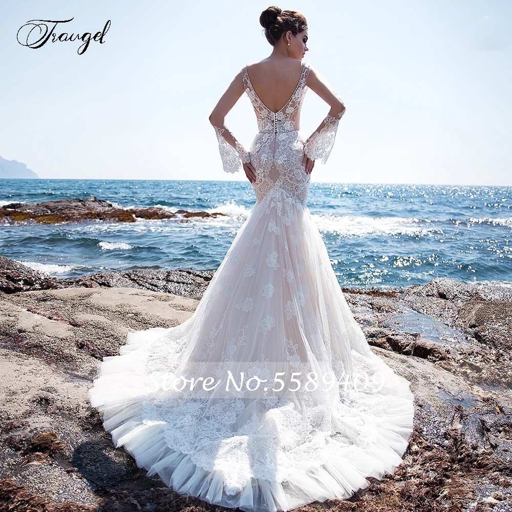 Traugel Vestidos De Novia Long Flare Sleeve Lace Mermaid Wedding Dresses Sexy Backless Applique Court Train Trumpet Bridal Gown