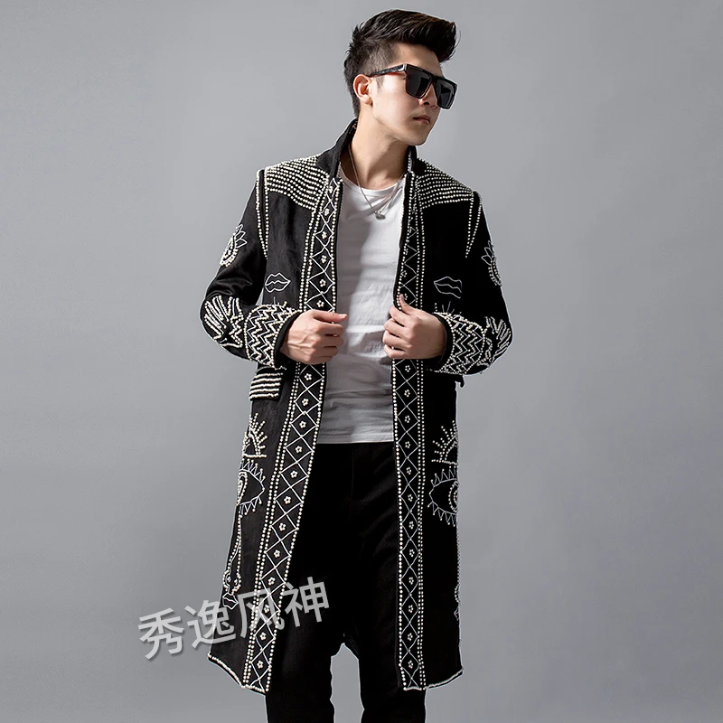 Autumn New Blazer Men Clothing Pearl Rivet Beaded Long Suit Trench Coat Embroidery Fashion Jacket Male Singer Stage Windbreaker