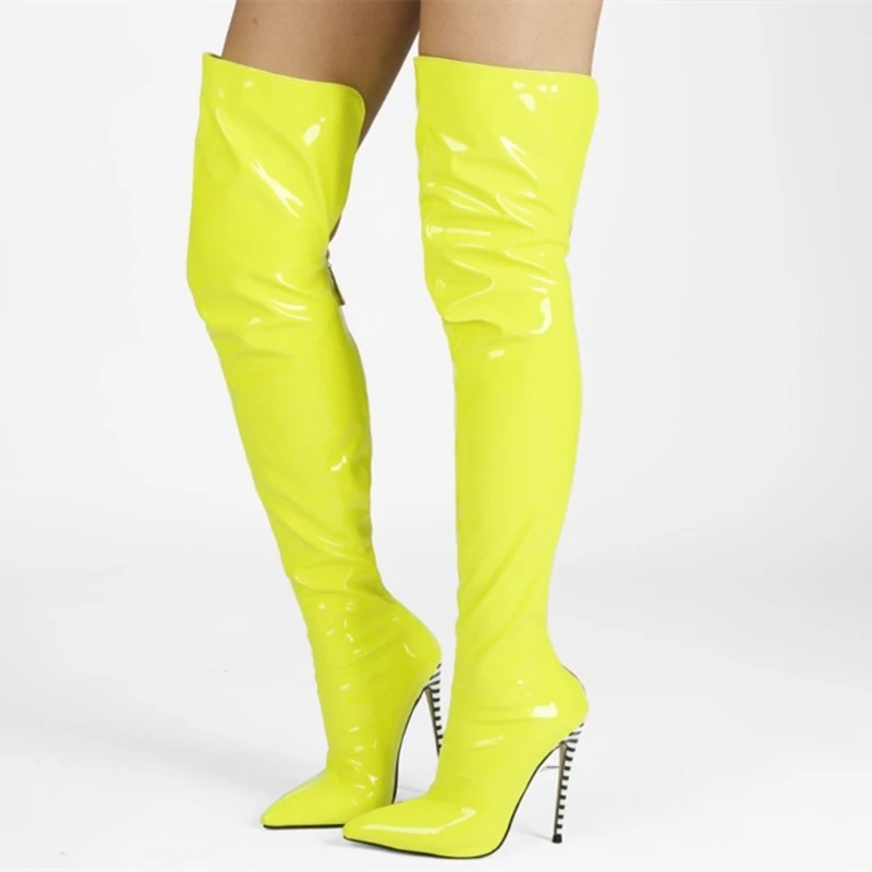 Fresh Florescent Solid Stiletto Thin Heels Back Zip Reflective Patent Leather Women's Fashion Thigh High Boots Zip Big Size 47