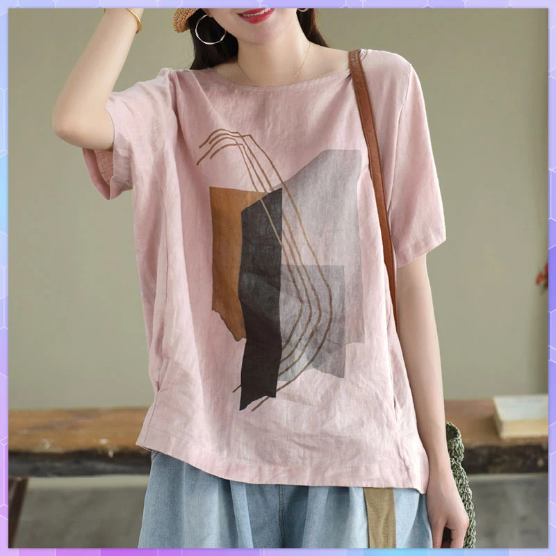 Retro Geometric Print Oversized T-shirt Pattern Cotton And Linen Women's Tee Shirt Casual Loose short-sleeved Top Plus Size