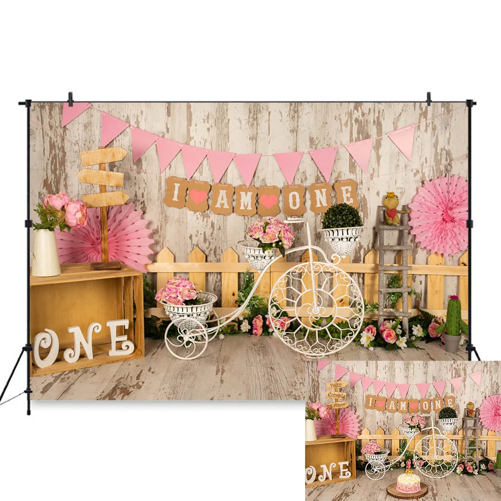 

Child 1st Birthday Photography Background Kids Cake Smash Party Theme Backdrop Flower Bicycle Baby Newborn Photo Studio