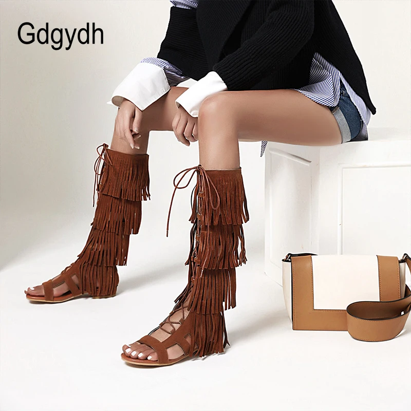 Gdgydh Sexy Tassel Gladiator Sandals Women Knee High Low Heel Back Zipper Spring Summer Shoes Ladies Open Toe Romen Style Retro