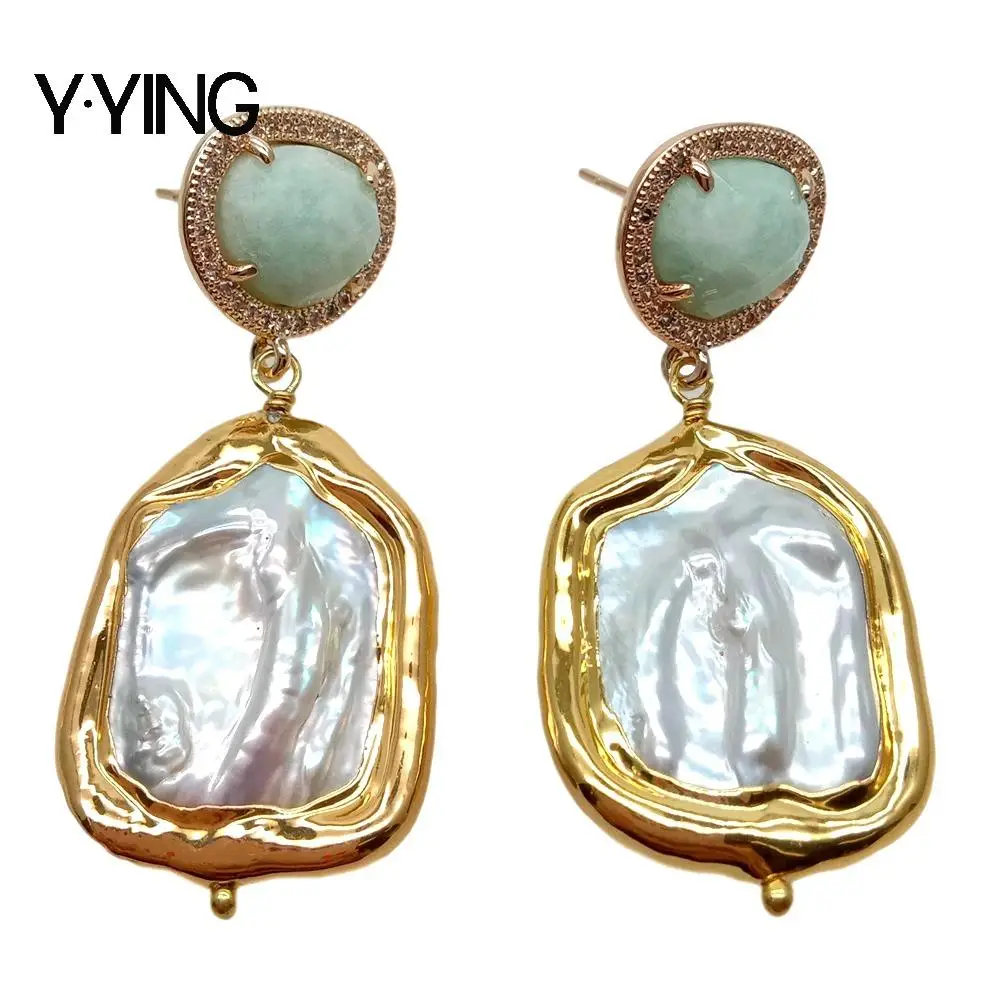 Y·YING natural Cultured Rectangle White Keshi Pearl Green Amazonite gold color plated Stud Earrings classic style for women