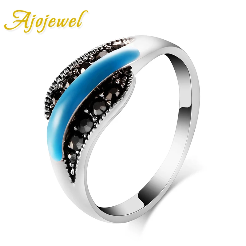 Ajojewel Retro Simple Thin Ring With Resin Stone Black Marcasite Vintage Rings For Women Wholesale Bague Femme