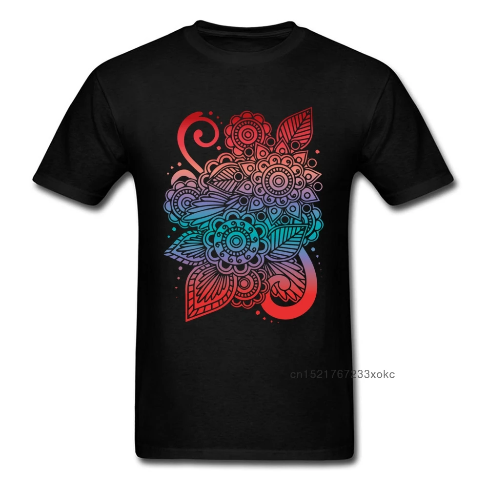 Colorful Flower Tee-Shirt Men T Shirt Mandala Tshirt Print Short Sleeve Tops Shirts Newest Clothes 100% Cotton Fabric Black Tee