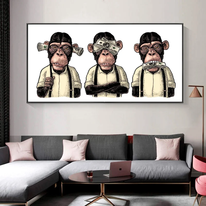 Animal Posters and Prints Abstract Three Monkeys Gorilla with Money Art Canvas Painting Wall Pictures for Living Room Home Decor