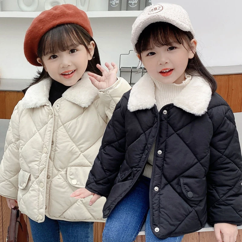 Winter Girls Jacket Loose Diamond Lattice Thicken Keep Warm Fur Collar Windbreaker Coat Solid Color Outerwear For 2-6 Years Old