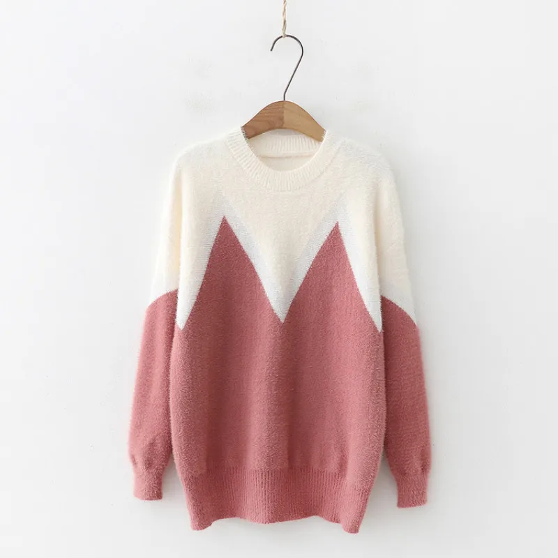 

Women Casual Pullover Autumn Winter Long Sleeve Knitted Bottom Sweater Girl College Style Loose Color Matching Jumper Top H9445