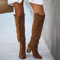 Vrouwen Suede Knie Hoge Laarzen Dames Solid Puntschoen Tall Laarzen Retro Romeinse Hoge Hakken Schoenen 2022 Vrouwelijke Herfst Winter lange Boot