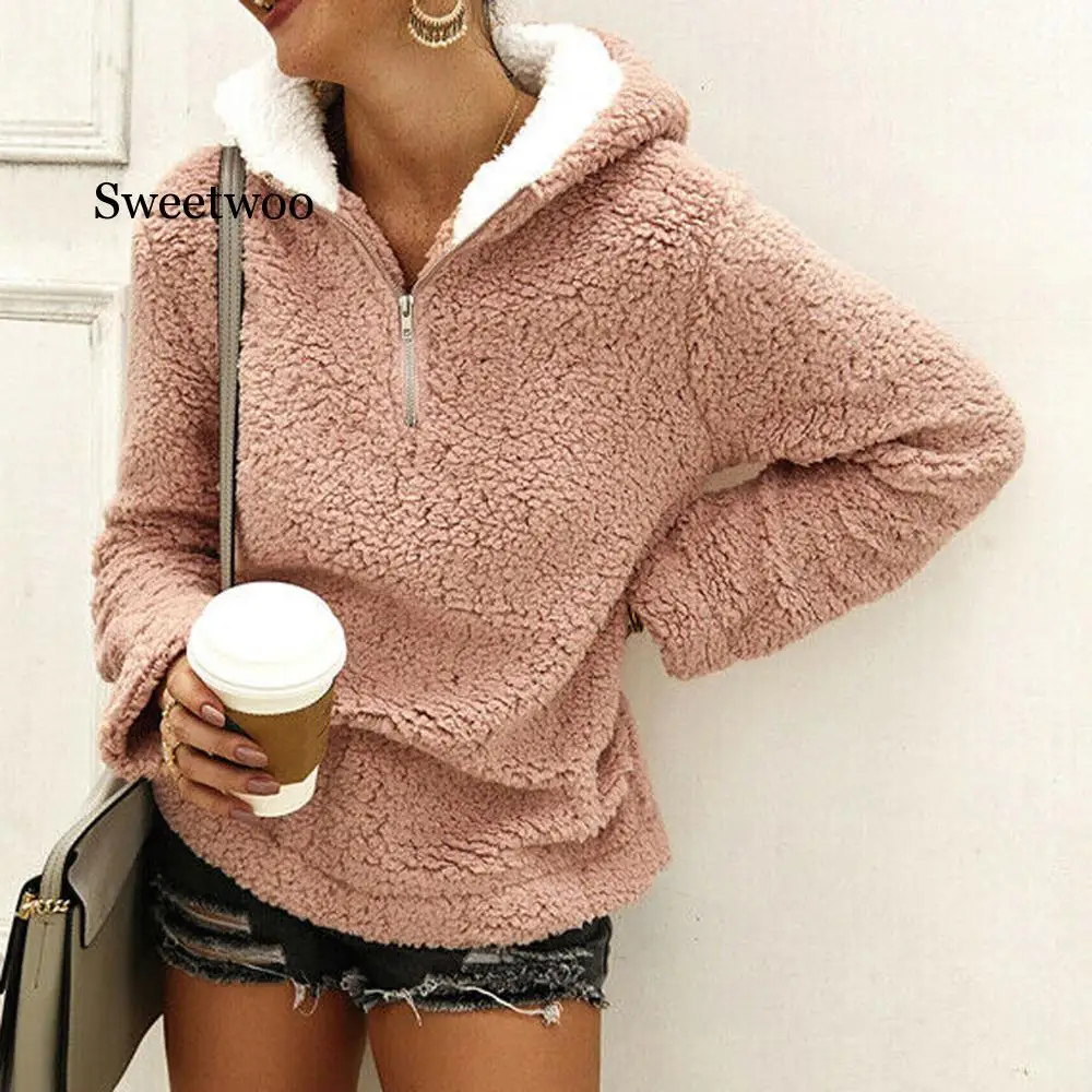 

Faux Fur Fluffy Teddy Oversized Hoodies for Women Pullovers Fleece Casual Zipper Top Clothes 2020