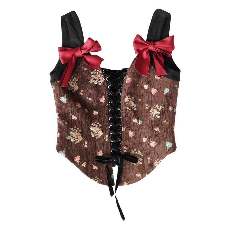 Women Jacket Fall Winter Vintage Elegant Slim Floral Coffee Vest Retro Court Style Rococo Lovely Style Cute Bow Lolita Vests