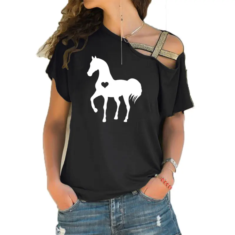 

Heart horse shirt horse tshirt gift for horse lover equestrian gifts clothing birthday party Irregular Skew Cross Bandage Tees