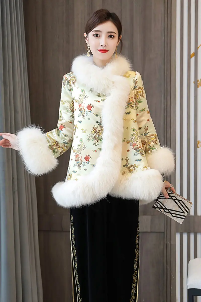 Giacca con collo in pelliccia retrò Hanfu per donna Top Qipao spesso Cappotto con scialle etnico Stile cinese moderno caldo autunno inverno M1723