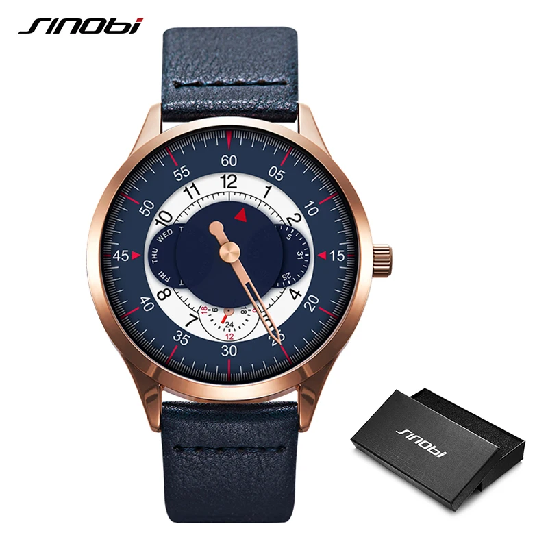 SINOBI Top Brand Luxury Military Leather Quartz Wristwatch Man Gear Creative Watch Casual Sports Clock Box Gifts Date Week Clock