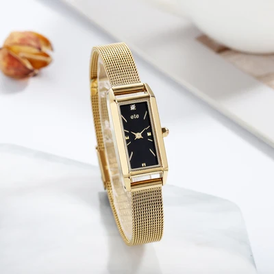 Japanese Style Watch Female Retro Rectangular Full Zircon Dial Lady fashion Watch Steel Watchband Small Golden Quartz Watch