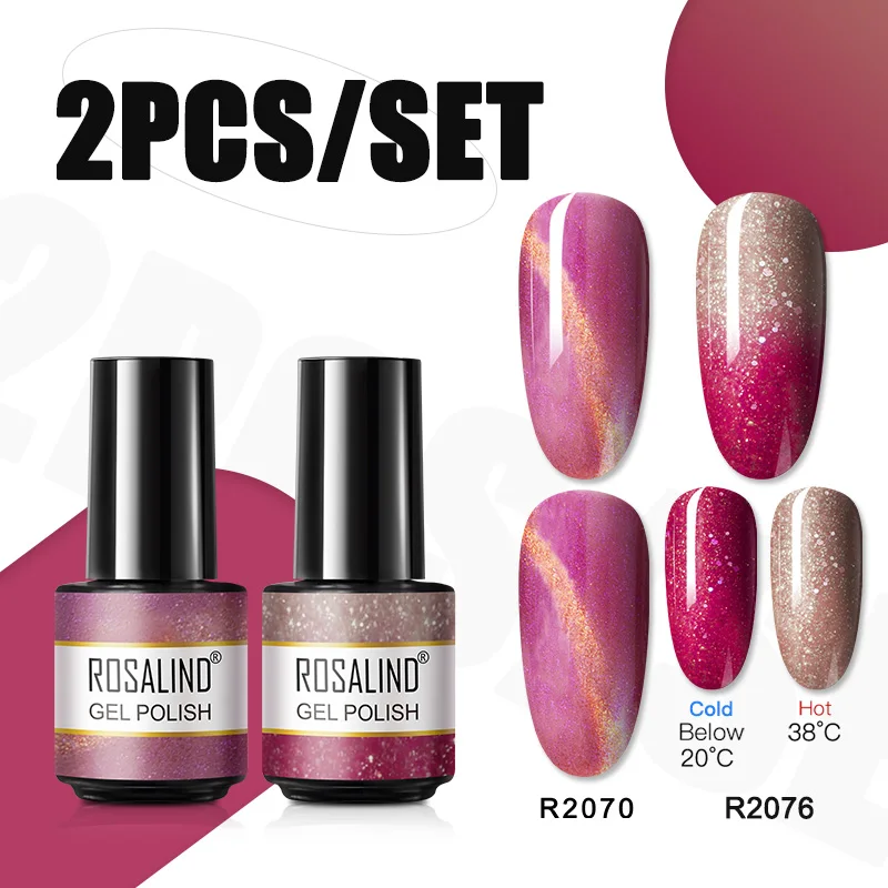 ROSALIND 2PCS Nail Polish Set Cat Eye And Temperature Change Gel Varnish Kit Semi Permanent Nail Art Gel Polish Glitter Color