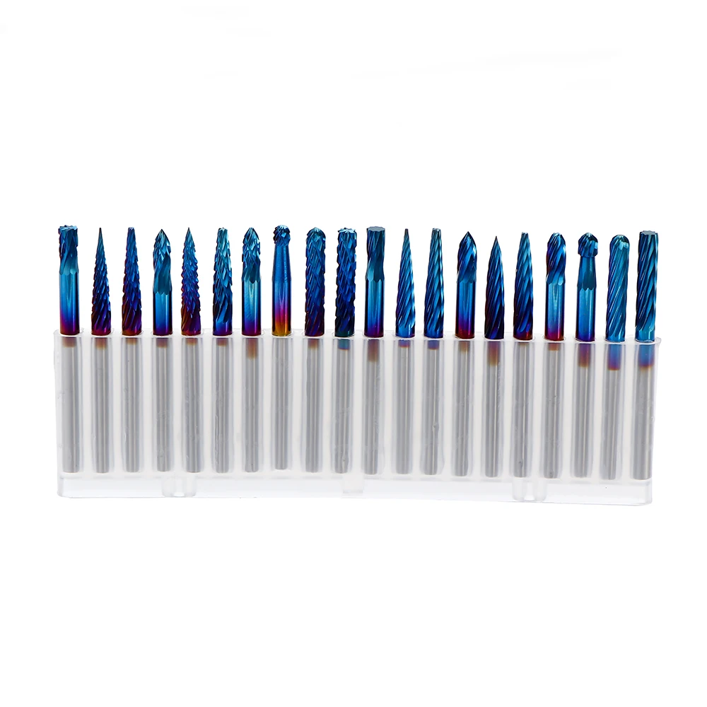 20pcs End Mill CNC Router Bit 3mm Nano Blue Coating Rotary Burs Set Double Cut Coat Carbide File Carving Tools Grinding Bit