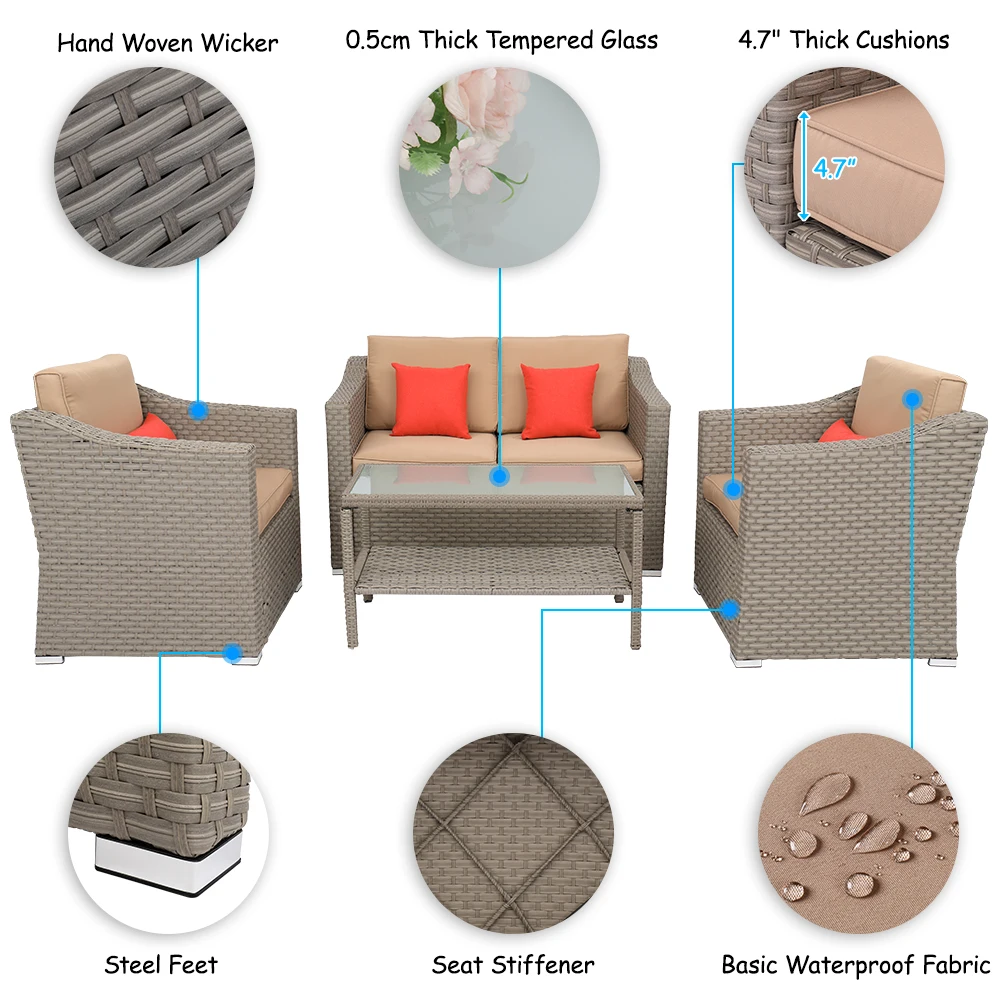 4Pcs Patio Outdoor Furniture Suit 1 Double 2 Single Sofa  1 Double Coffee Table Wide Rattan Double Contiguous Rattan Gray