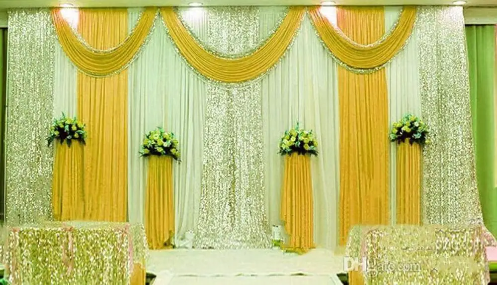 

10ftx20ft Sequins Beads Edge Design wedding backdrop curtain with swag backdrop wedding decoration Ice silk stage curtain