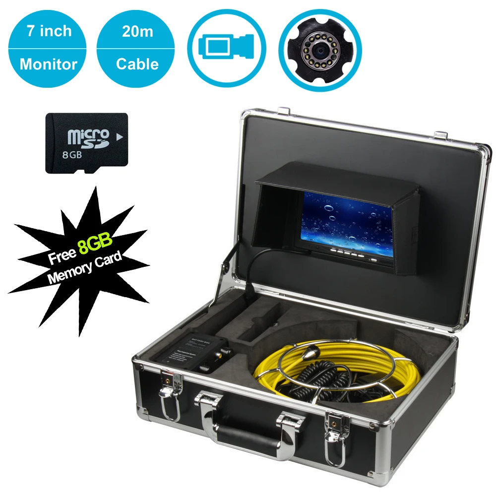 

1000TVL Pipe Inspection Camera 7inch Monitor 23mm Waterproof Industrial Sewer Drain Endoscope System 20-50m Cable 12pcs LEDS