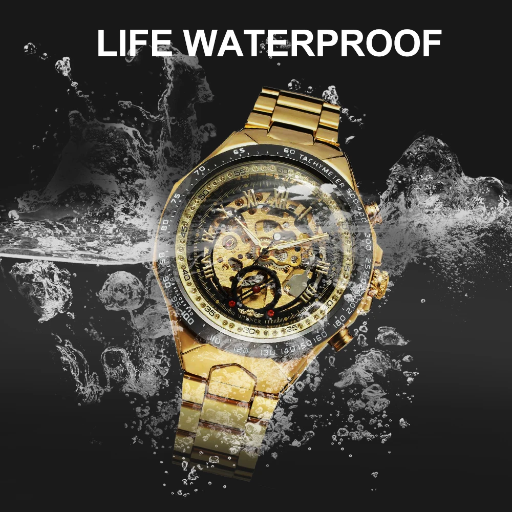 2020 WINNER Luxury Brand Men Gold Watches Automatic Mechanical Watch Male Skeleton Stainless Steel Band Sports Design Wristwatch