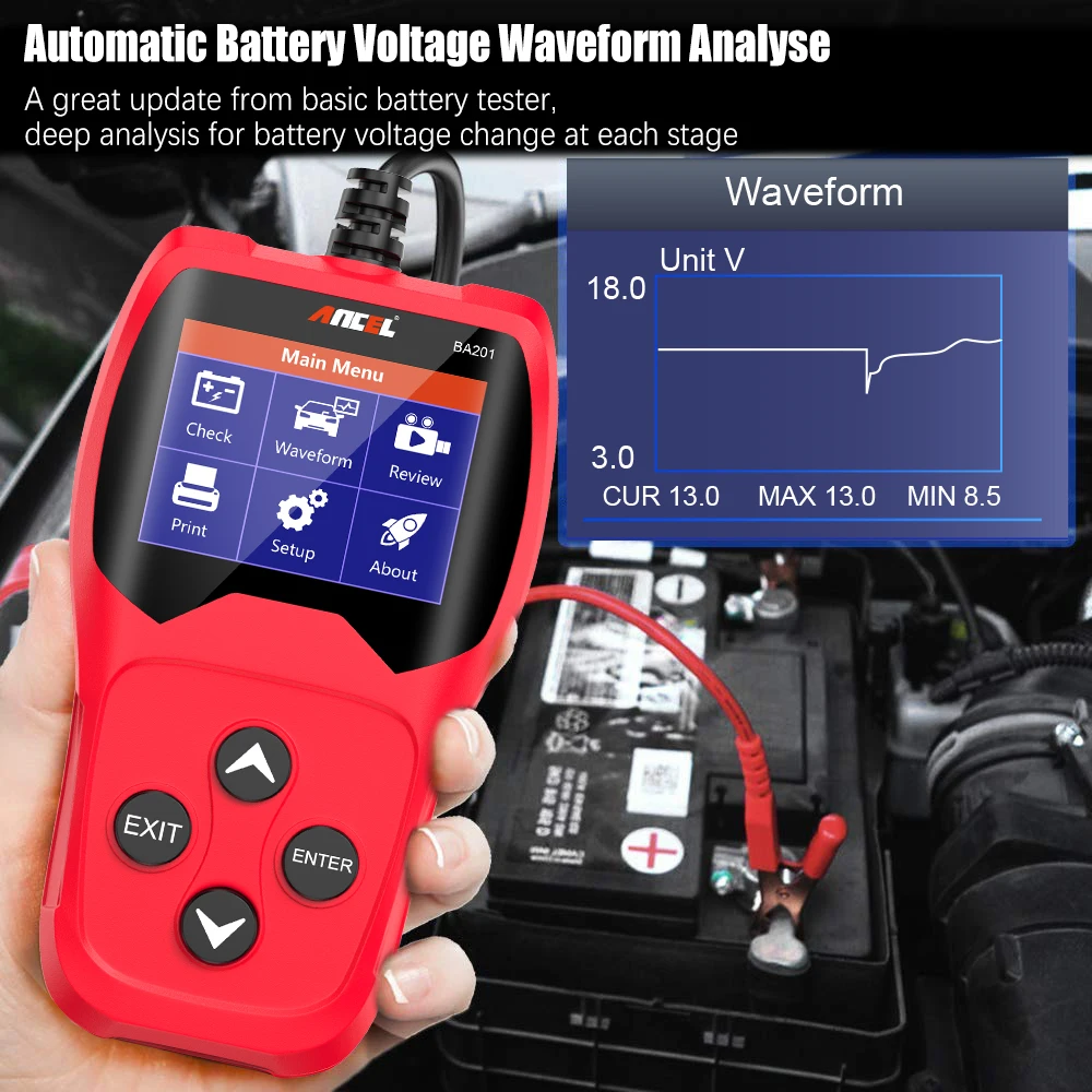 Ancel BA201 Car Battery Tester 12V 100 to 2000CCA 12 Volts Battery Tools for the Car Quick Cranking Charging Diagnostic Tester