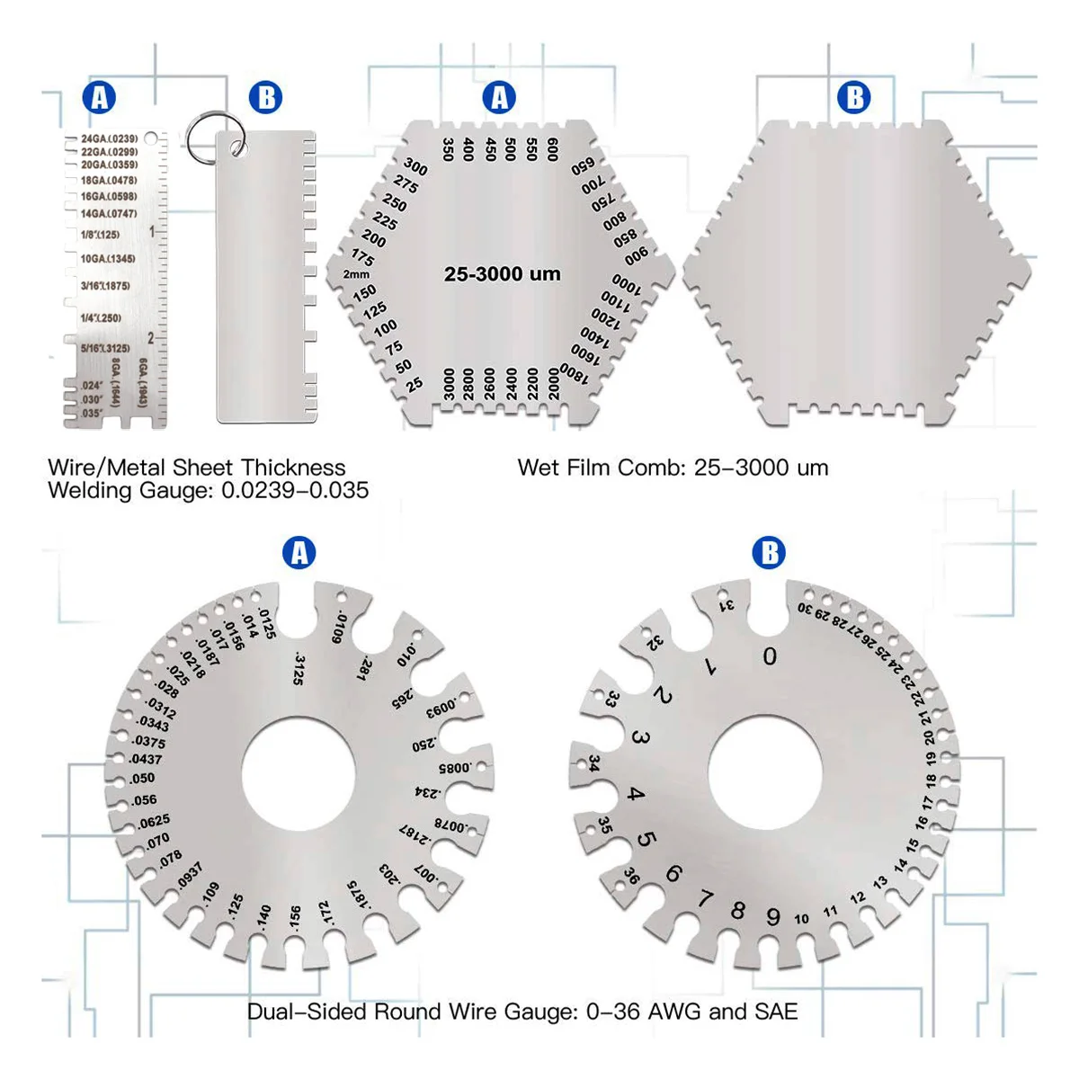 Welding Gauge Set 25-3000um Wet Film Comb + Wire Metal Sheet Thickness Gauge + Round Wire Cable Sheet Gage AWG and SAE