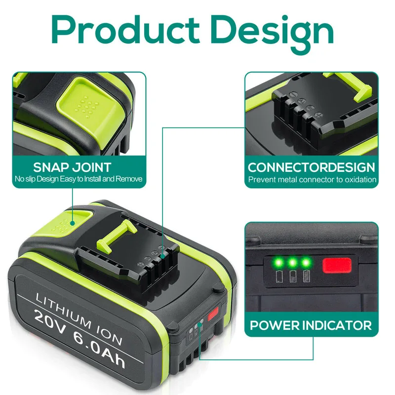 Imagem -06 - Substituição para Worx 20v Max Li-ion Bateria Wa3551 Wa3551.1 Wa3553 Wa3641 Wx373 Wx390 Ferramentas de Baterias Recarregáveis 5.0ah 6.0ah