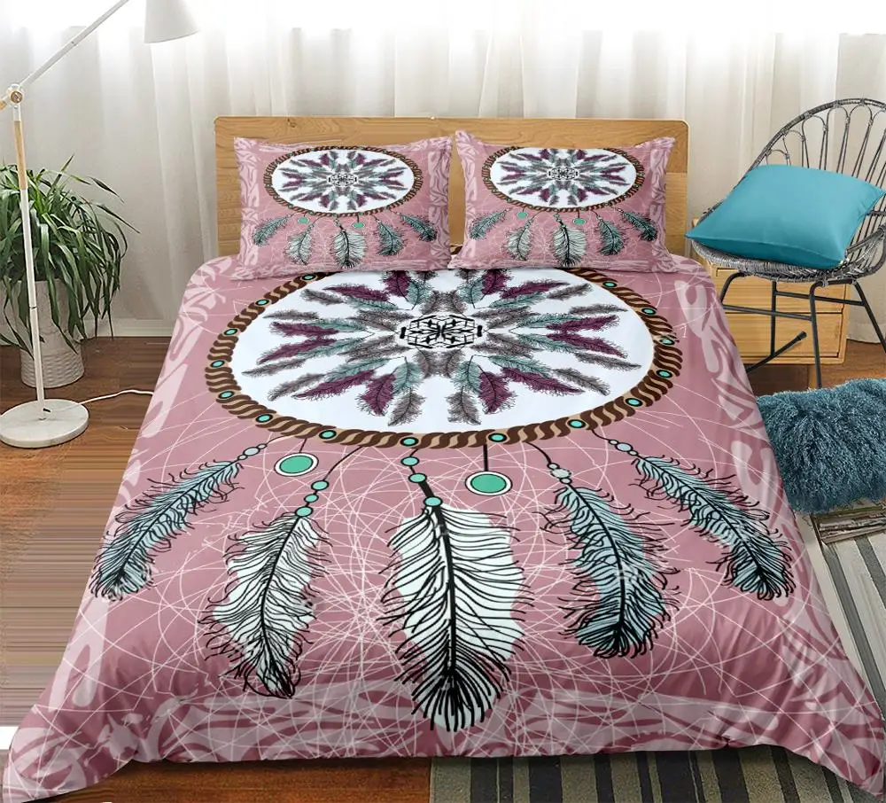 Dreamcatcher Bedding Set King Double Duvet Cover Boho Colored Feathers Bedclothes Mandala Pink Home Textiles 3-piece