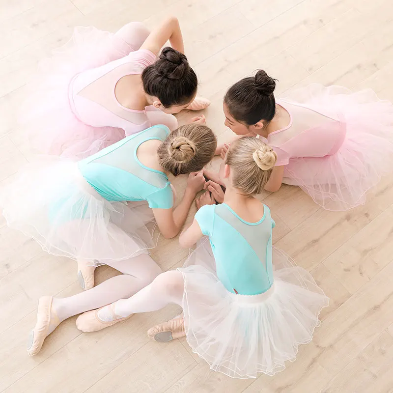 Leotardos de Ballet para niñas, leotardos de gimnasia, Body de baile, empalme de malla, trajes de baile de manga corta