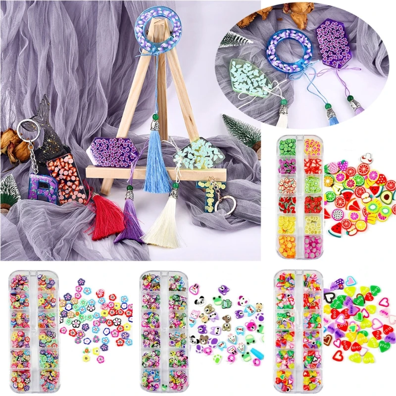 12 Grids Soft Polymer Clay Mini Flower Fruit Animals Hear Resin Fillings Glitter Epoxy DIY Resin Jewelry Fillers Craft