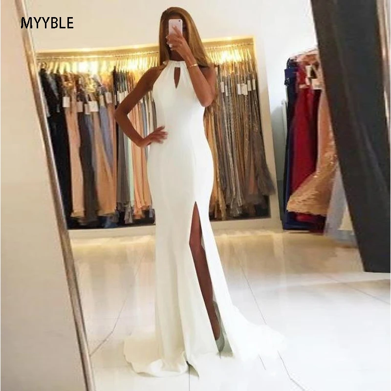 Myyble vestidos de baile feitos sob encomenda branco cabresto vestidos de noite fenda lateral sem mangas simples aberto-back sereia longo formal vestidos de festa